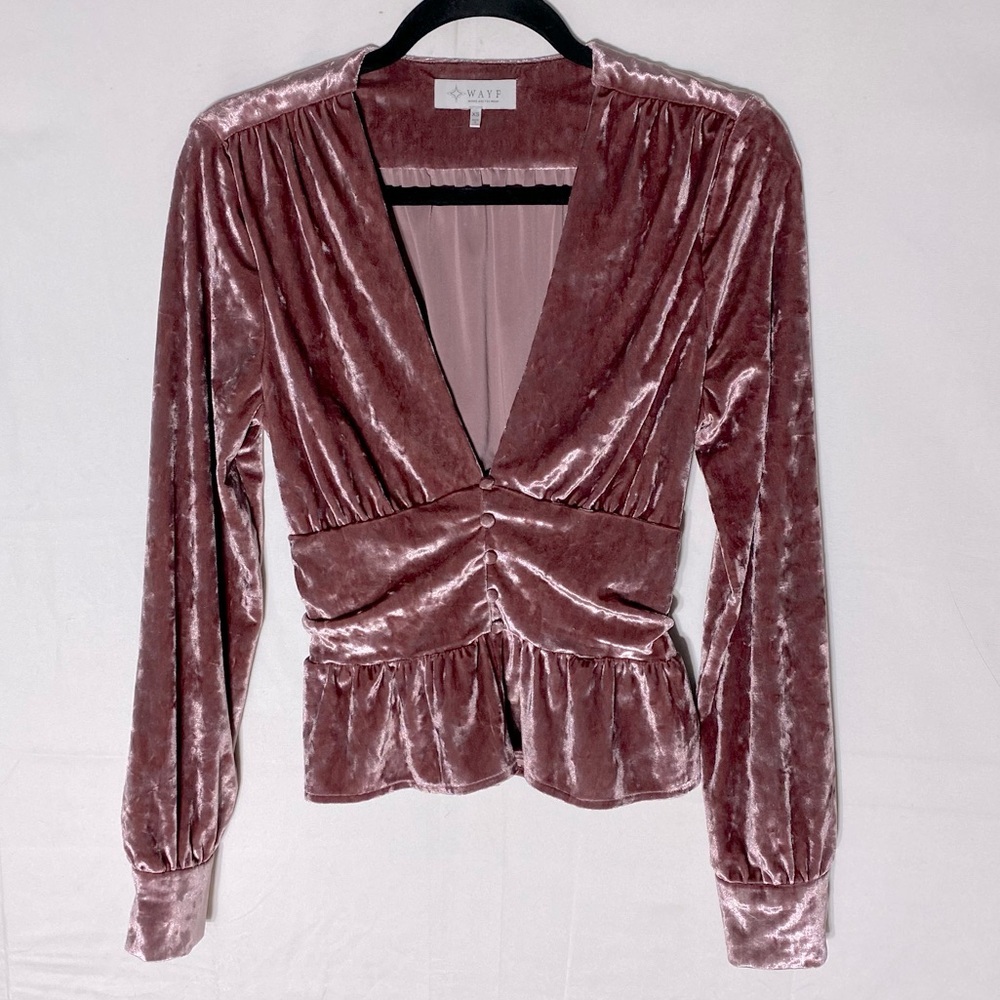 Wayf Pink Crushed Velvet Deep V Neck Smocked Long Sleeve Peplum Blouse XS